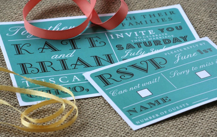 Modern and Vintage Fonts Wedding Invitation Green, Turquoise, Tan: custom design, SAMPLE