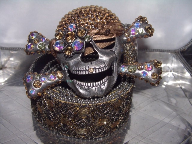 Champagne Bronze  Swarovski Crystal Designer Pirate Skull Belt and Buckle removable Collectible