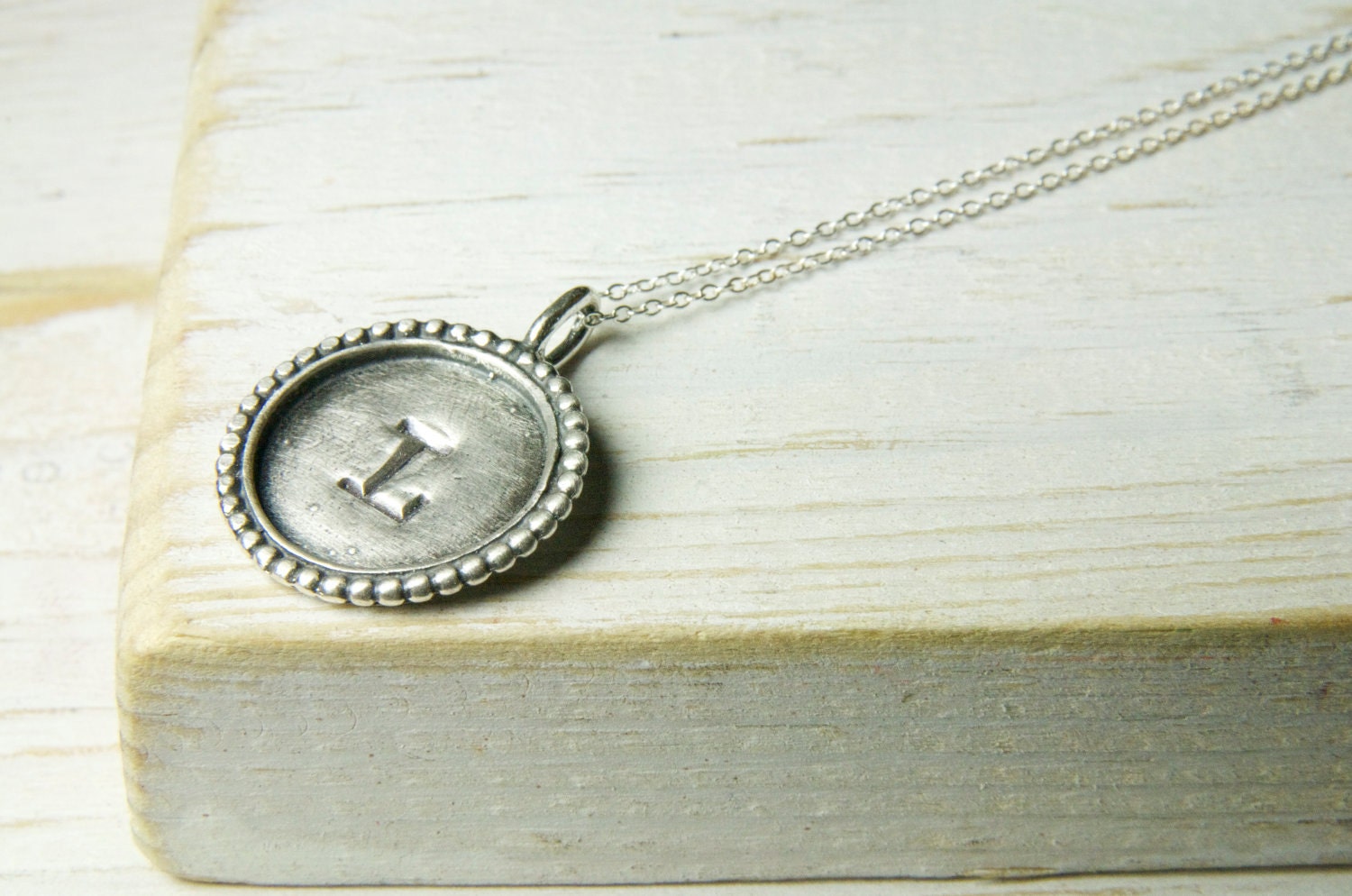 Monogrammed Initial Necklace with Typewriter Script with Beaded Edge