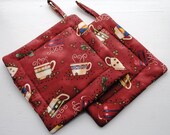 Handmade Quilted Pot Holders Brown Coffee Cups Coffee Beans Set of 2
