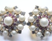 50's Signed Hobe Pearl and Rhinestone Clip On Earrings