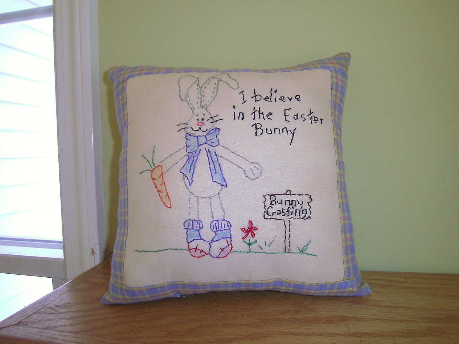Bunny,Easter, Hand Embroidery,Primitive,Pillow