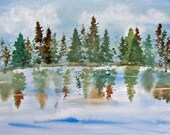 Reflections-Original Watercolor of Pine Trees and Pond