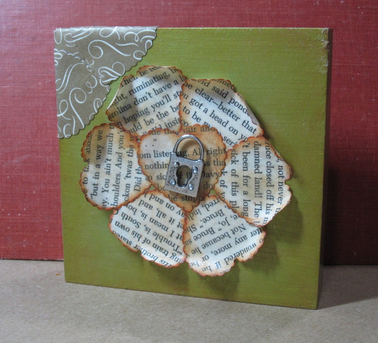 Heart Flower Original Art Block Vintage Paper Collage with Metal Lock