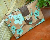 Nook Tablet Cover, Kindle or other e-reader Cover-Mocha and Teal Suede Padded Book Style Cover Hand Painted with Cherry Blossoms