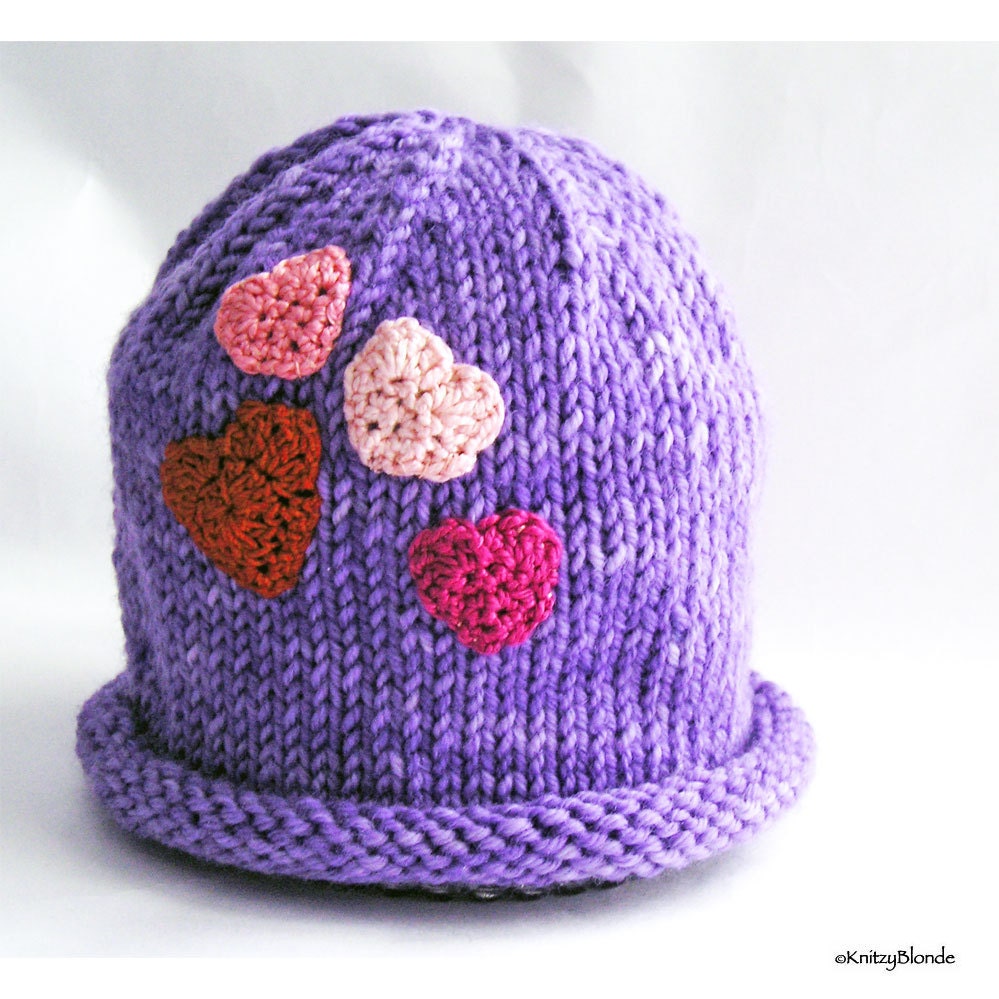 Hearts Baby Hat, Photo Prop, Cloche Style Roll Brim, Violet Lavender, Hand Dyed Merino Wool, Red Pink Fuchsia Valentines