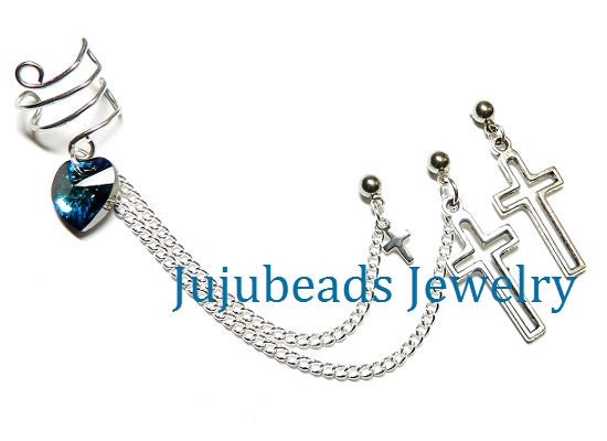 Double Lobe Swarovski Heart and Crosses Ear Cuff Set