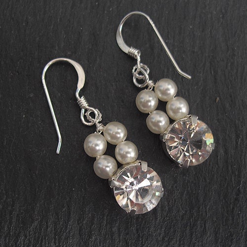 Wedding Earrings, Rhinestone and Ivory Pearls - Bridal, Bridesmaids
