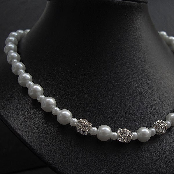 White Pearl Necklace - Wedding, Bridal Necklace accented with Rhinestones