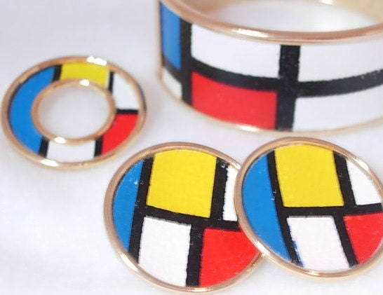 Vintage 1960s Mondrian Bangle Bracelet, Earrings, Brooch in Red, White, Blue, Yellow & Black Painted Leather on Metal Mod,  Abstract