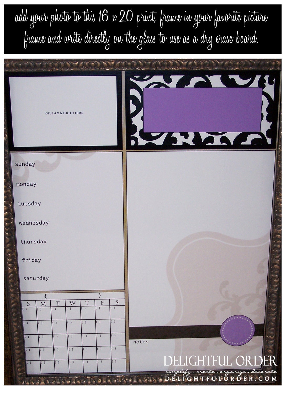 Child Message Center - Purple Damask - 16x20 PRINT - You Frame - Dry Erase