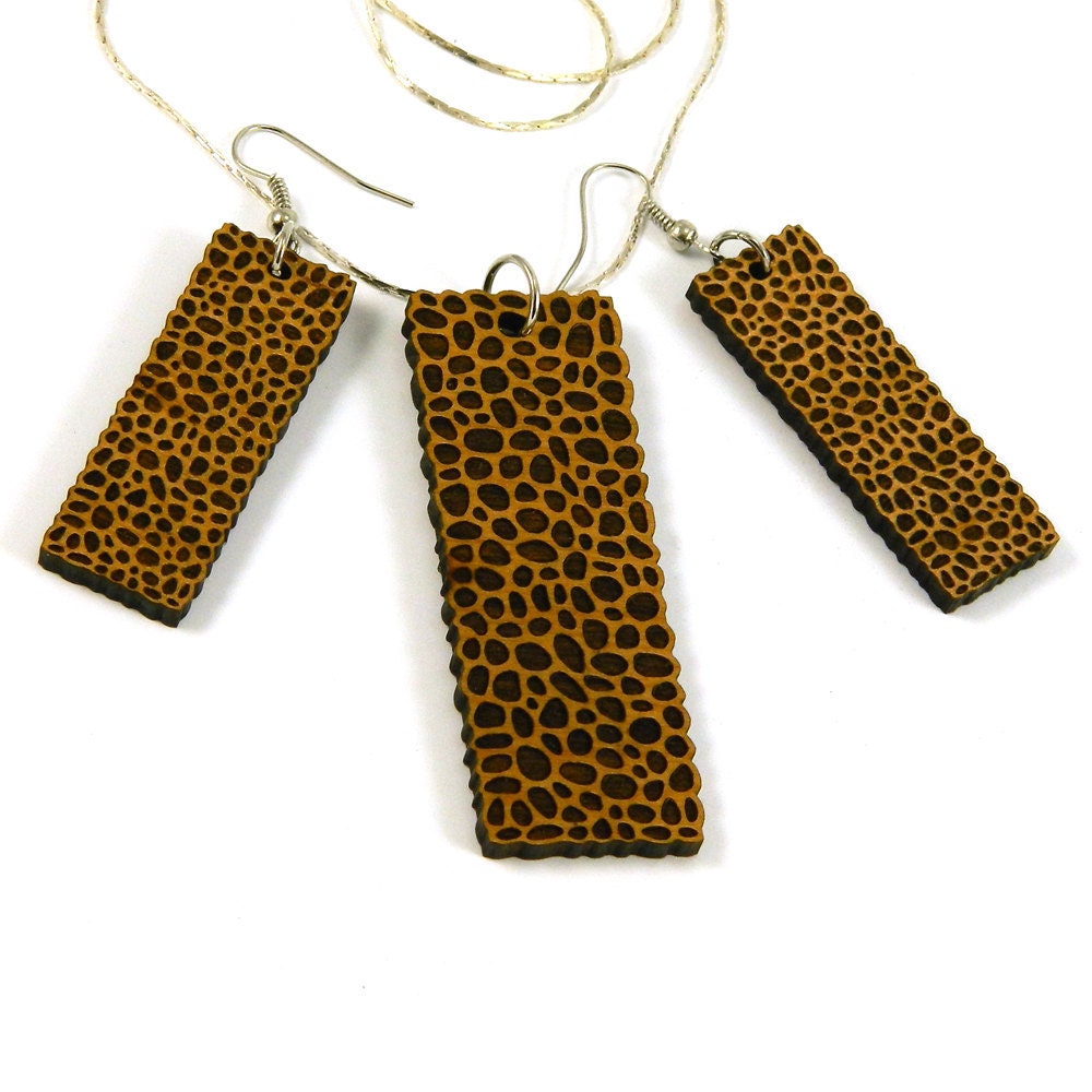 Wood Earrings and Pendant - Laser Cut - River Rocks - Etched Alder Wood on Silver