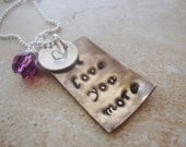 Antiquedbrass i love you more handstamped necklace with amethyst swarovski crystal and sterling silver disc