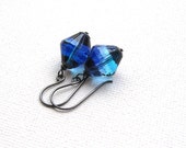 Azure glass earrings, Aqua Capri blue bicone Oxidized sterling silver
