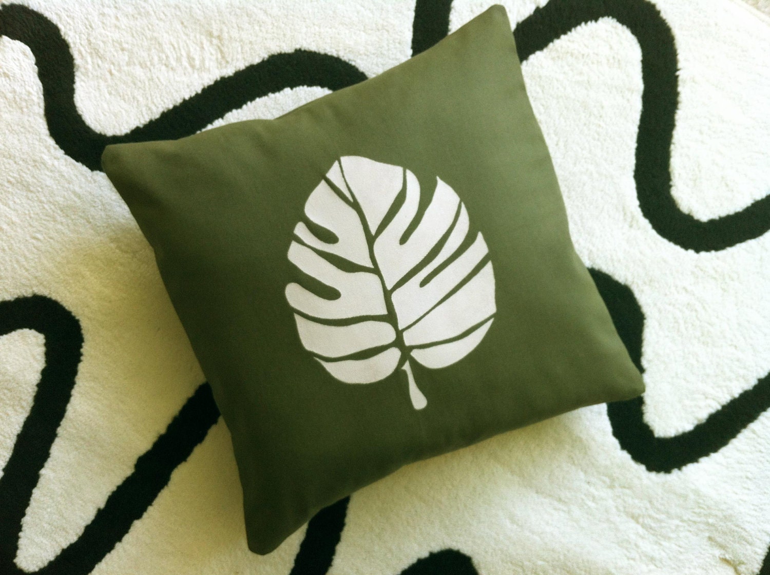 Olive Green Pillow with Painted Leaf -- 16" x 16"