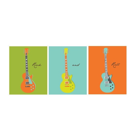 Guitar Art Children's Wall Art in turquoise, lime green / yellow, orange and  gray 3 pc set 11x14 by Yassisplace.etsy.com