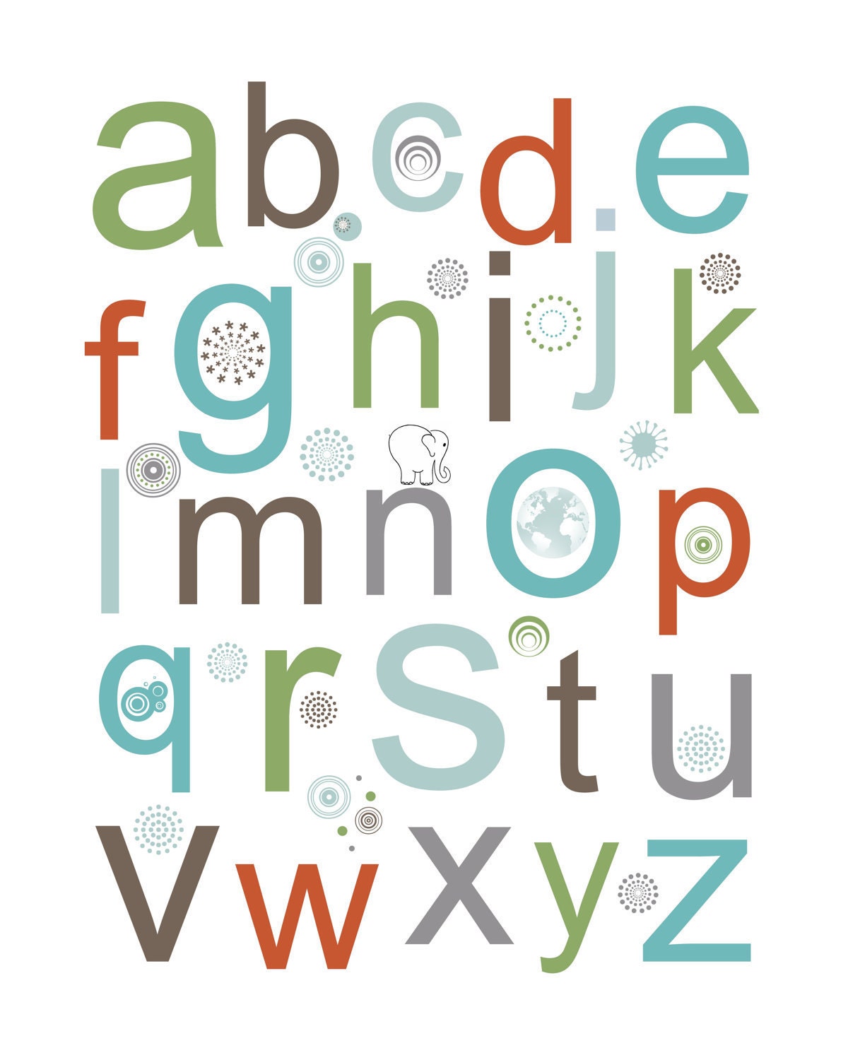 Modern Alphabet Children's  Art  Print-  in green. brown, orange, blue and gray 16x20