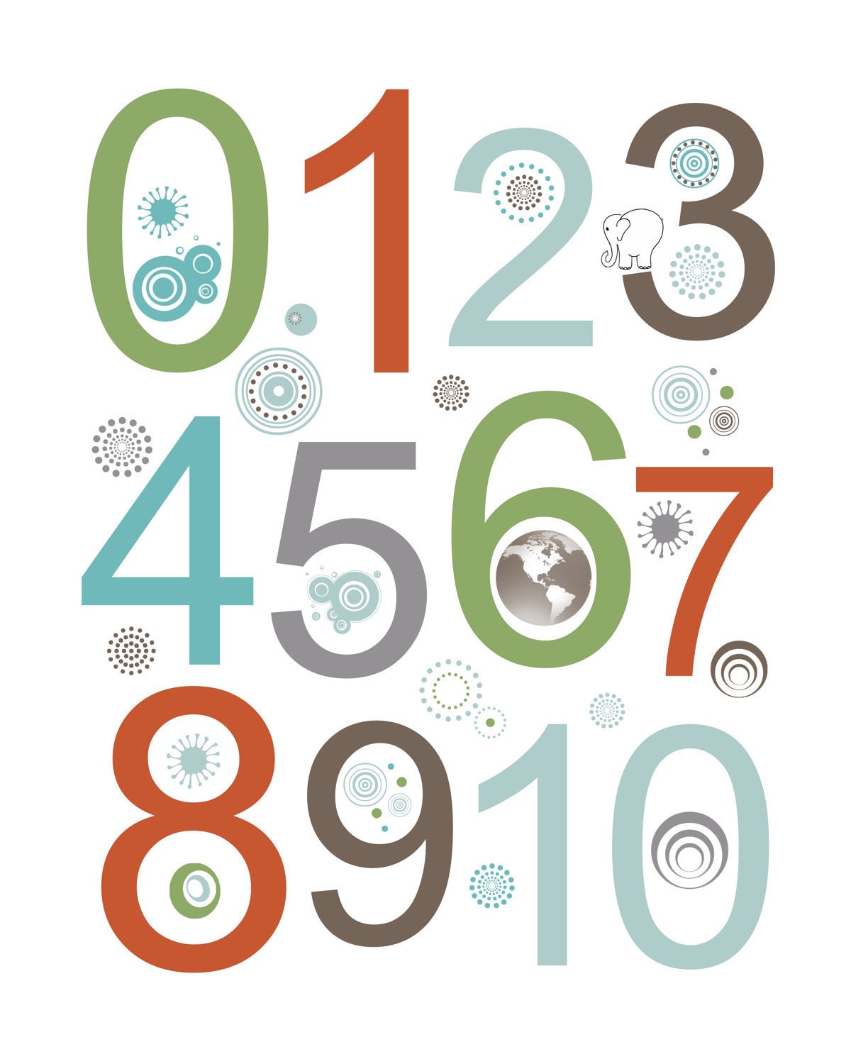 Numbers Modern Nursery Art Print in green, brown, orange and blue 16x20 " Learning with baby Elephant about the World" - Numbers collection