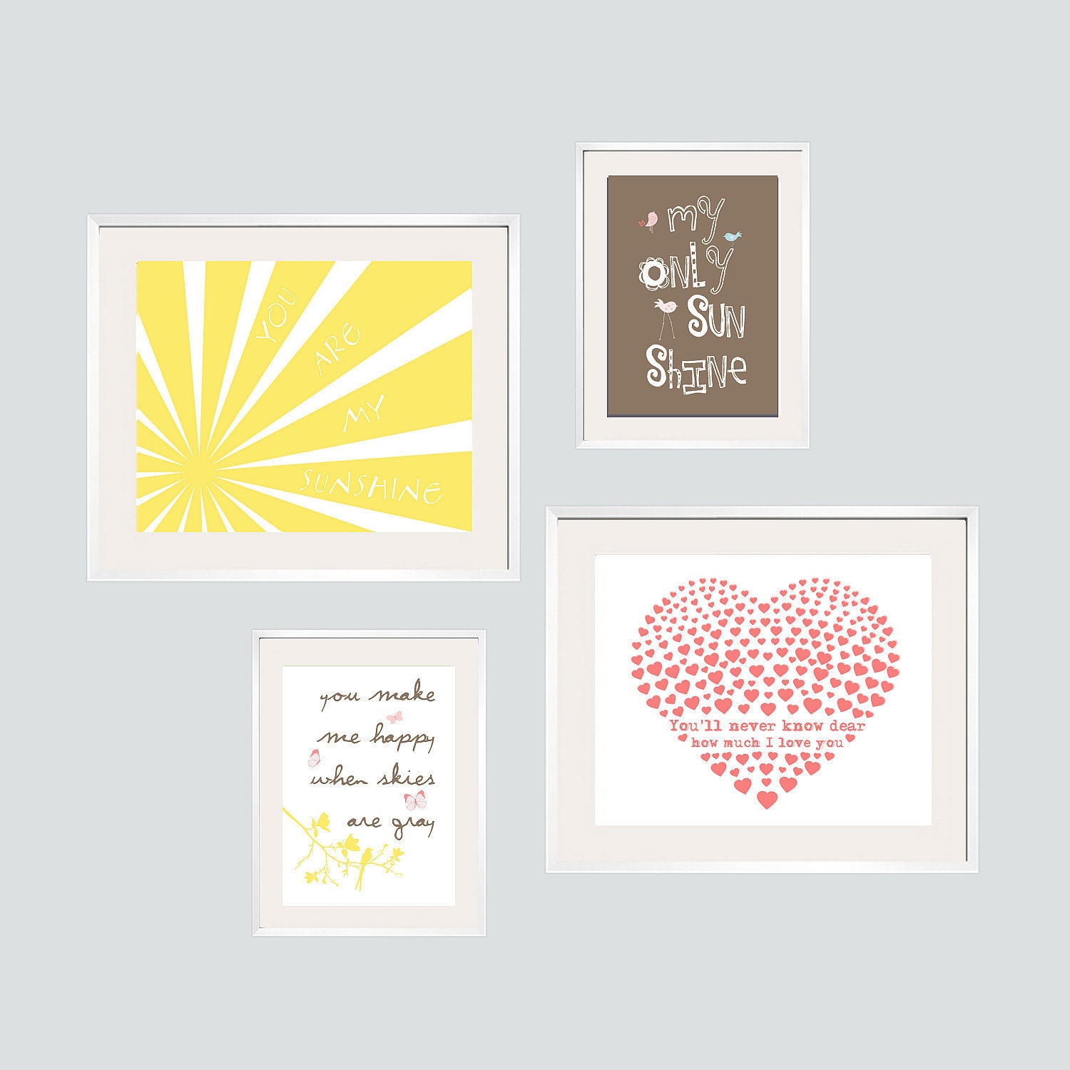 Eclectic Style You Are My Sunshine Prints in yellow, Latte grey and coral pink. Four Prints Set 8x10 and 5x7 by YassisPlace FREE SHIPPING