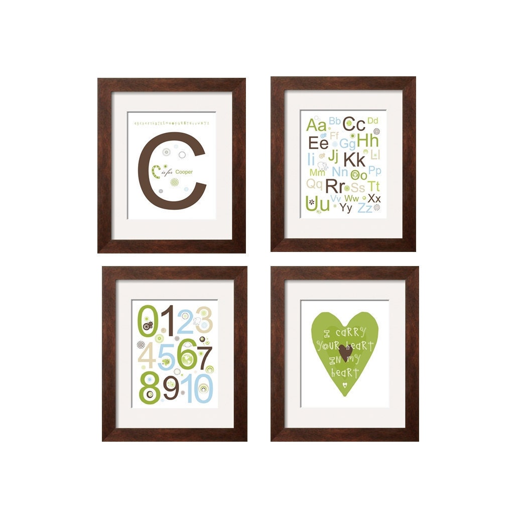 Alphabet and Numbers 4 pc Modern Children's Art in lime green, brown, tan and blue 8x10