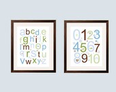 16x20 Alphabet and Numbers 2 pc Modern Children's Art in green, brown, tan and blue