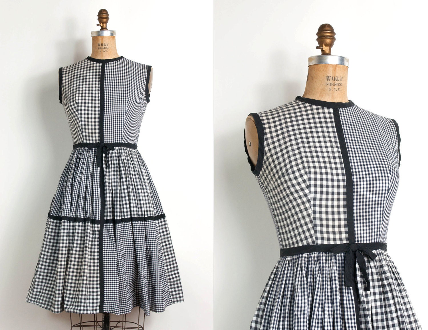 vintage 1950s dress / 50s black gingham day dress (extra small)
