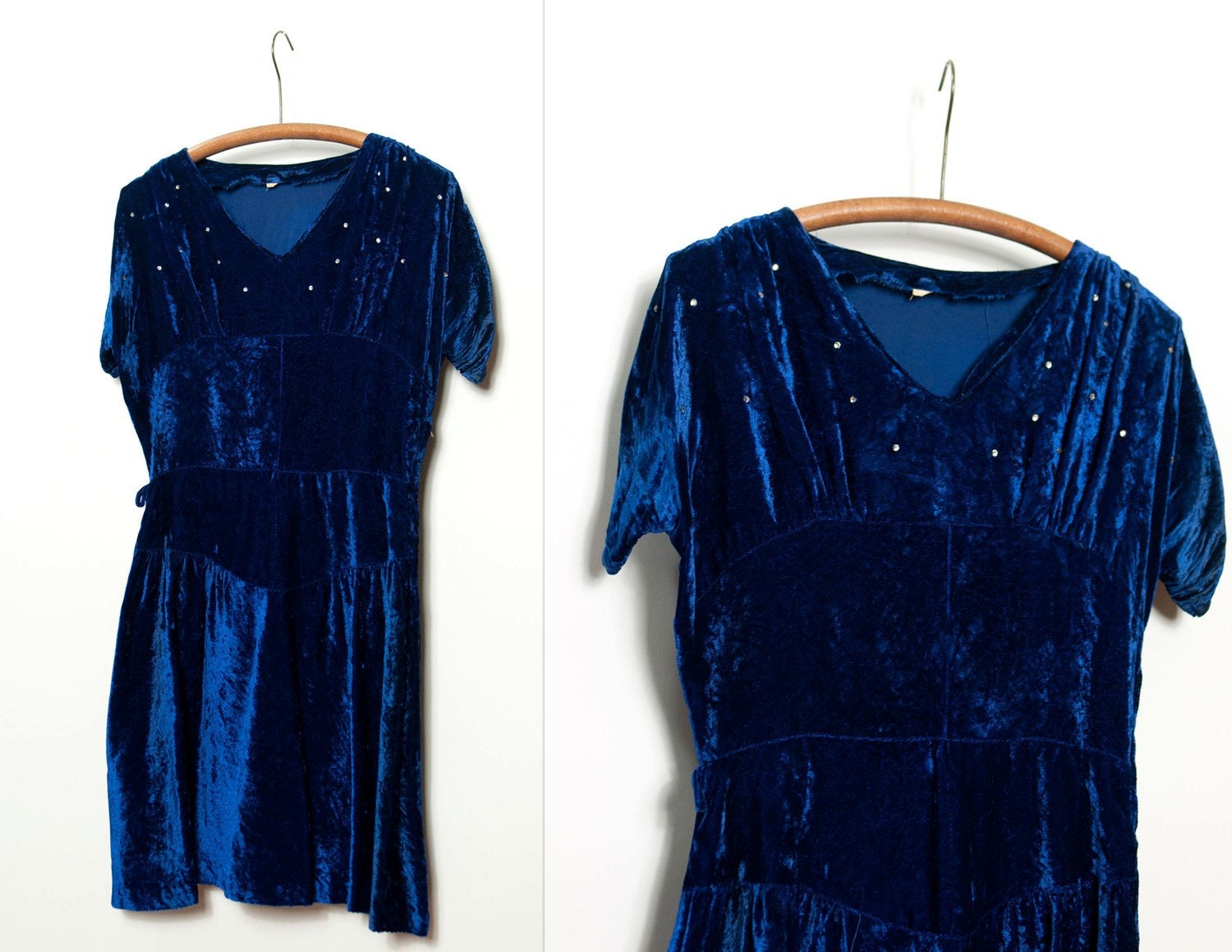 vintage 1940s / 40s blue velvet rhinestone dress (small)