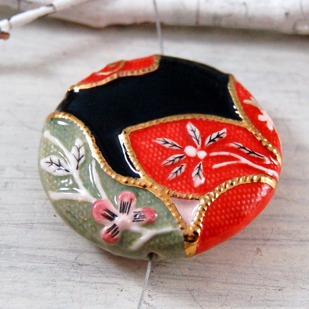 Porcelain Focal Bead Hand Painted Red Black Pendant Bead