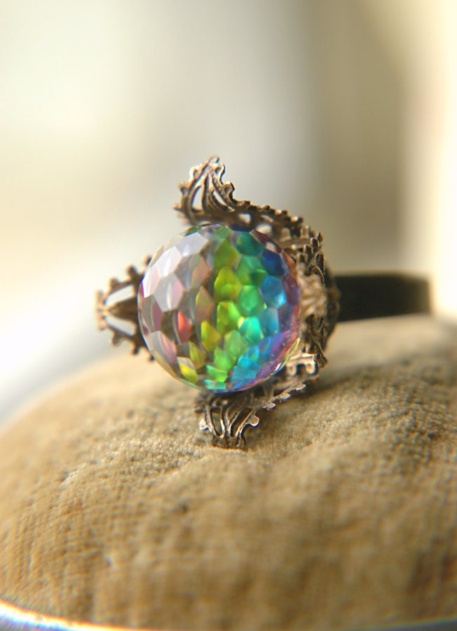 Vintage Swarovski Crystal Dome Brass Ring - Victorian Prism
