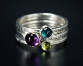 Stacking Gemstone Rings with Hammered Silver Bands - Purple Amethyst, London Blue Topaz and Peridot, Set of 5 - FREE shipping