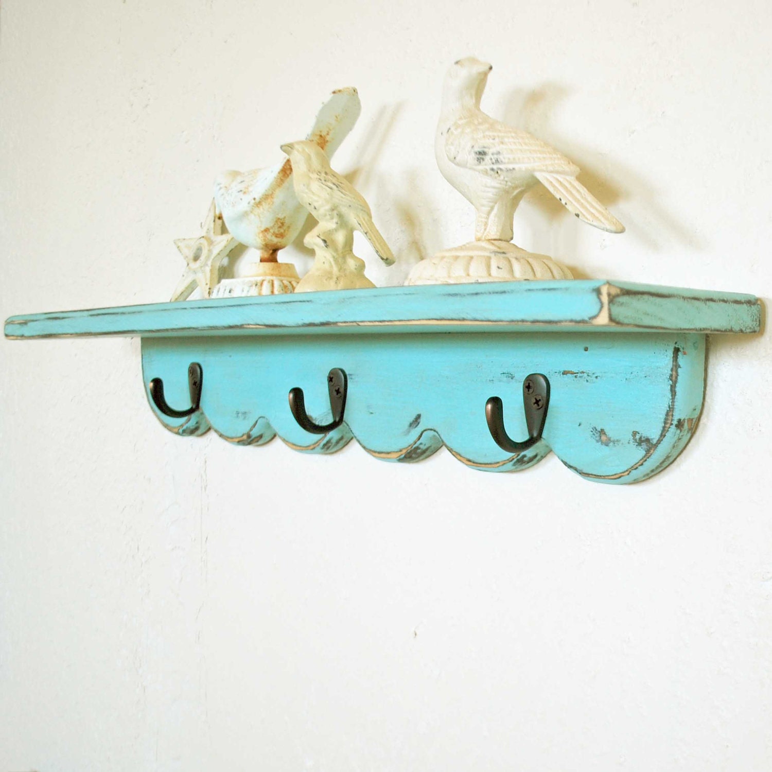 Turquoise Scallop Shelf with hooks, country farmhouse