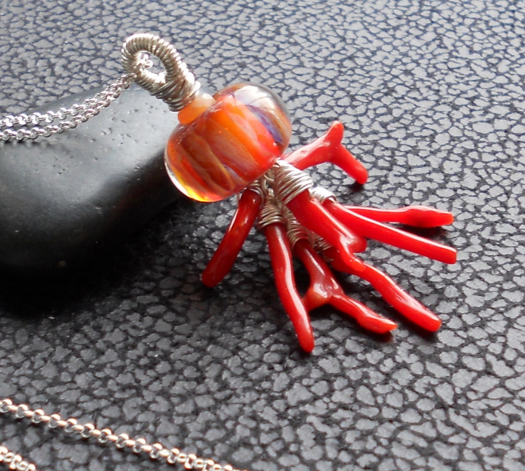 Red Tide - Artisan Lampwork Glass and Italian Red Coral on Sterling Silver Necklace