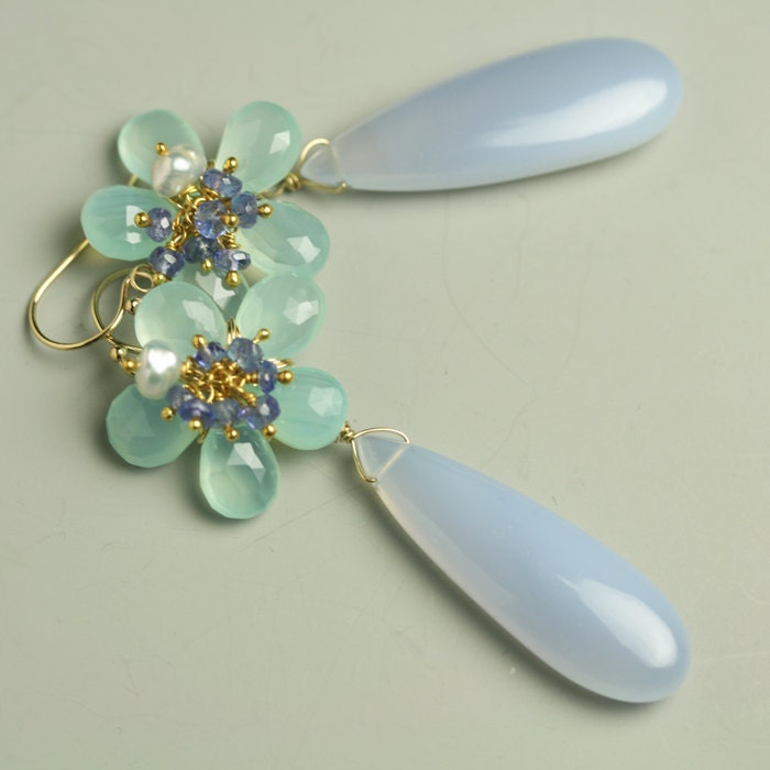 Long Dangle Flower Earring Chalcedony Tanzanite Gold Fill