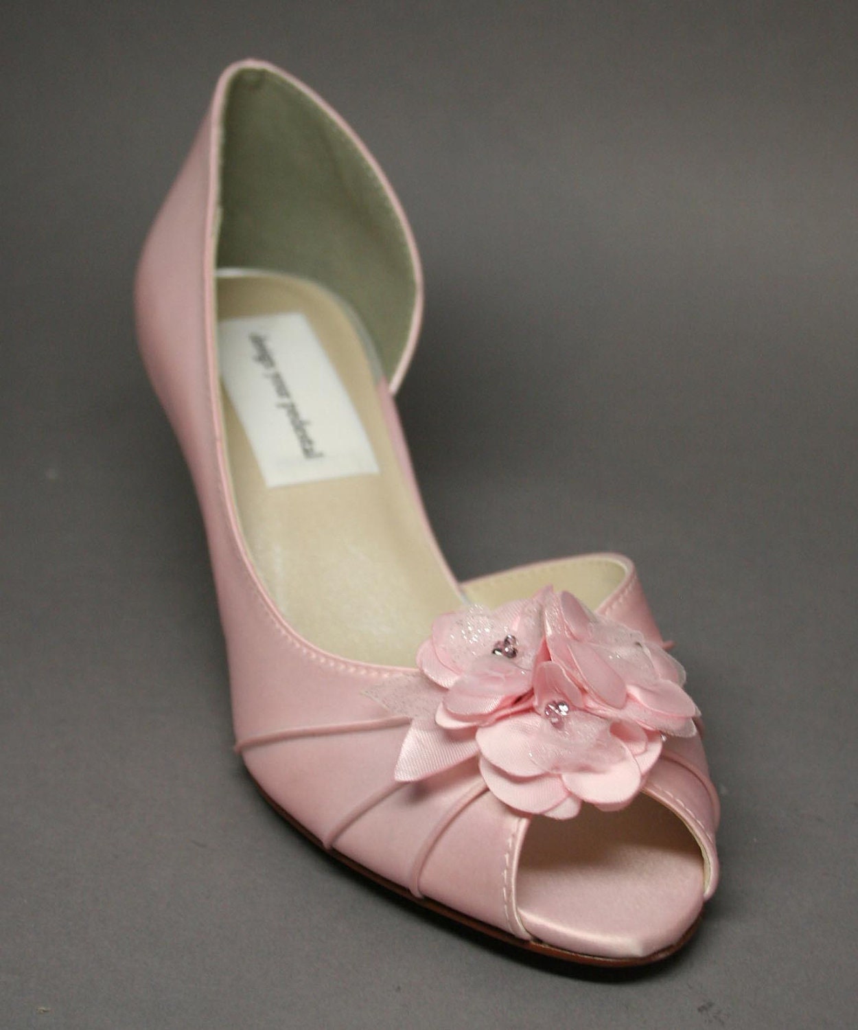 Blue Wedding Shoes -- Pale Pink  Peeptoes with Matching Pink Satin Flower Adornment