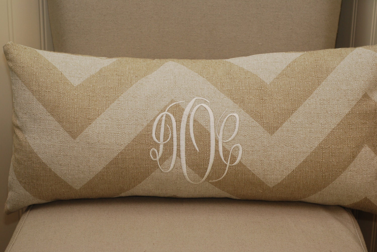 Monogrammed Neutral Chevron Print Throw Pillow
