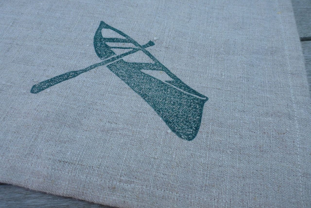 Linen tea towel dish cloth green canoe block print (deep ocean on toast)