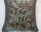 brown throw pillow cover with aqua blue paisey design 18 inch