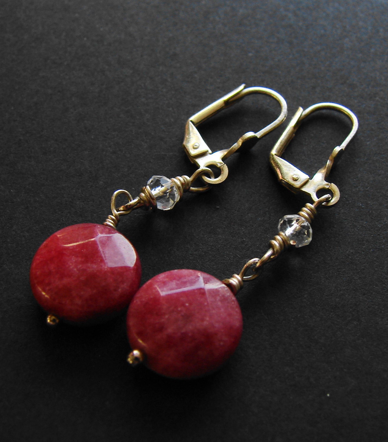Raspberry red stone and crystal earrings,