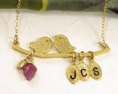 Personalized Love Birds Initial Leaf Pink Sapphire Carved Gemstone Leaf On Branch Necklace Mothers Day Gift
