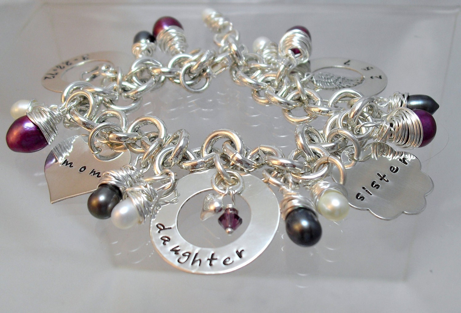 Five Silver Filled Different Disc - One Birthstone - Mixed Pearls - You Pick - Handstamped Bracelet - Gift for Her