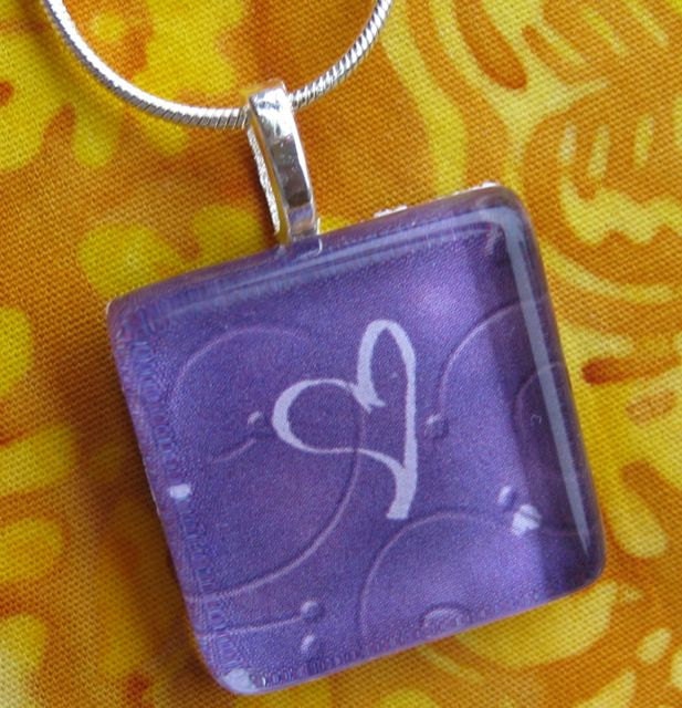 Dark Purple Background with Heart Scrabble Glass Tile Pendant