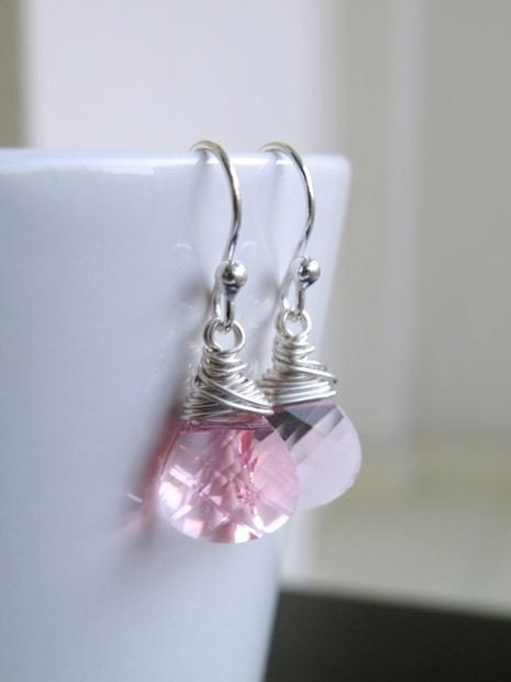 Swarovski Crystal Faceted Pale Pink Briolette Wire Wrapped Sterling Silver Dangle Earrings - Bella E12 - for Brides/ Bridesmaids