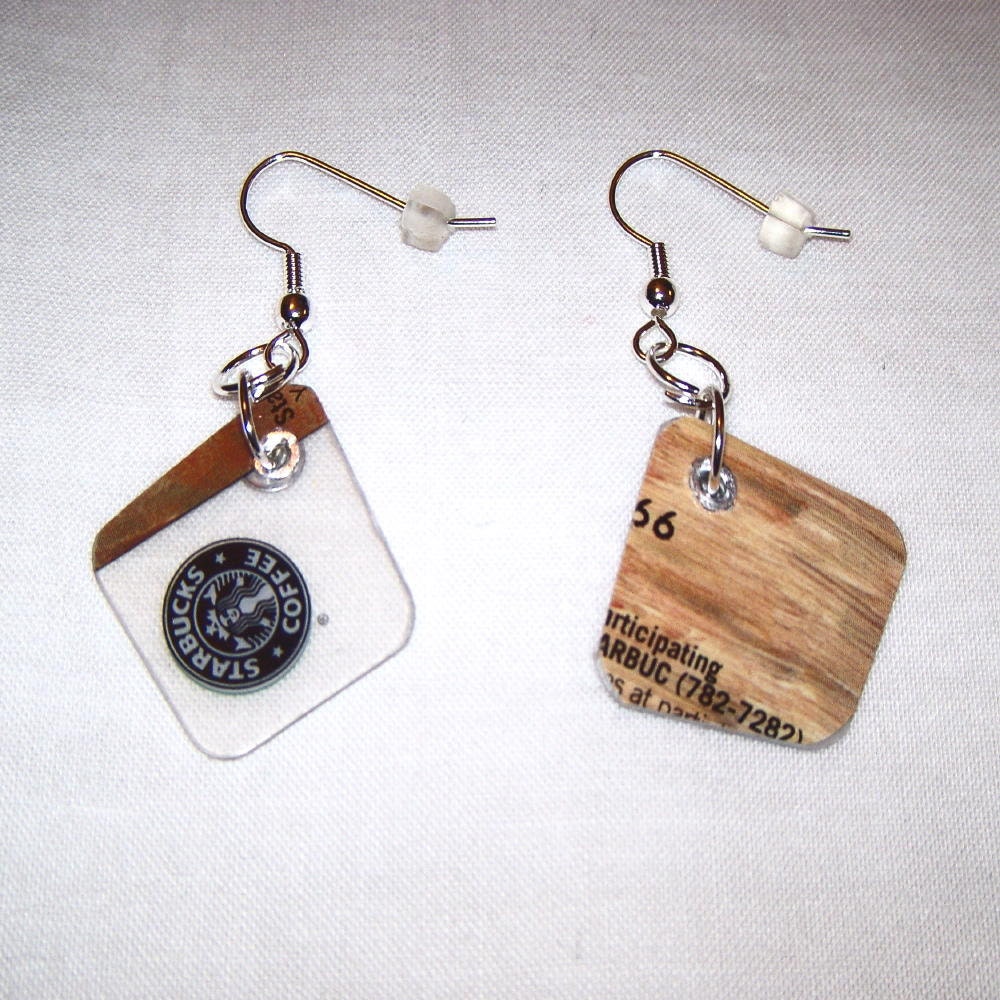 Fun and Funky Upcycled Gift Card Earrings with silver Plated Hooks repurposed upcycled