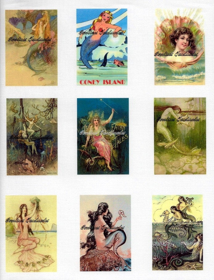 Vintage Mermaids Reproduction Cotton Fabric Art Print Combo Page 9 image at 2X3" each