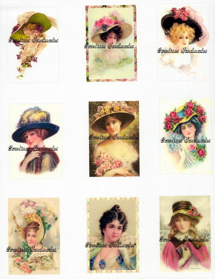 Big Hat Ladies Reproduction Cotton Fabric Art Print Combo Page 9 image at 2X3" each