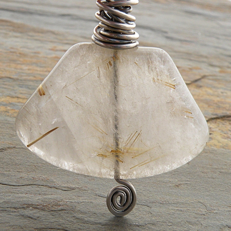 Rutilated Quartz Necklace, Beige Stone, Pendant, Wire Wrapped, Fan Shape, Sterling Silver, Fan Shape