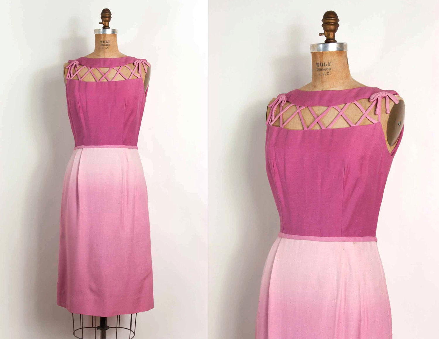 vintage 1950s dress / 50s dress / pinky purple ombre linen dress (small)