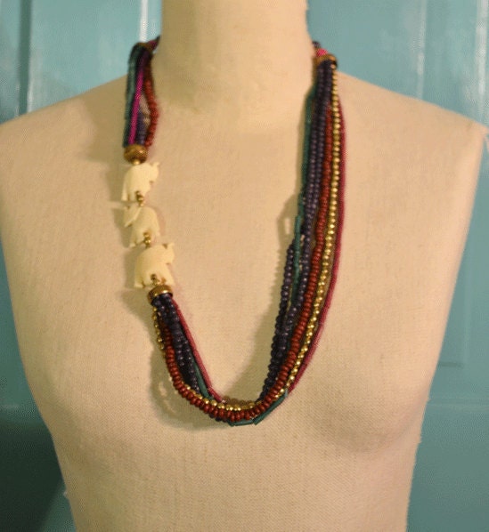 Vintage Multicolored beads with three lucky ivory elephants