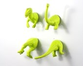 Dinosaur Magnets Lime  - 4 piece set in bright green chartreuse - funny gift - T-rex & brontosaurus