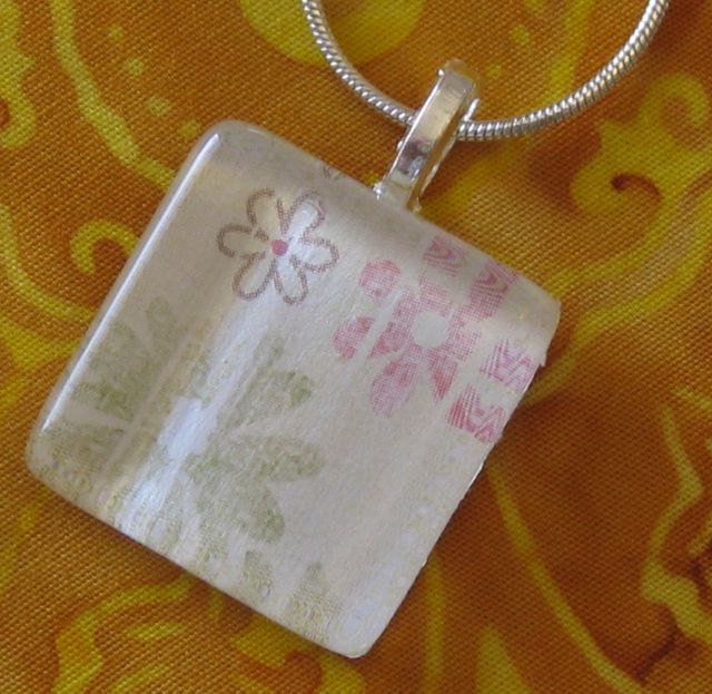 Large Green and Pink Daisy Flowers Glass Scrabble Tile Pendant